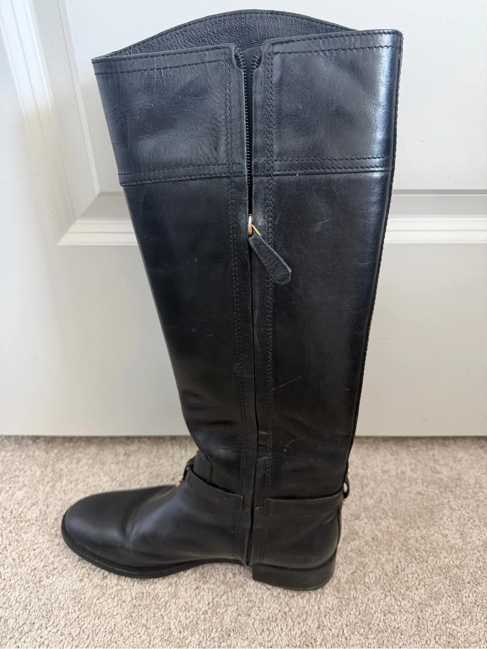 Tory Burch Black Leather Knee-High Boots with Gold Logo